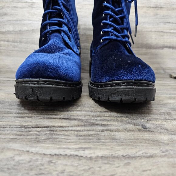 Wanted New Velour Royal Blue Ankle Patrol Lace-up Chunky Y2K Combat Boot - Picture 4 of 13